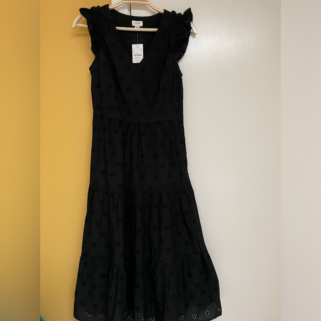 J. Crew 00/Xxs Black Eyelet Fully Lined Sleeveless Midi Dress